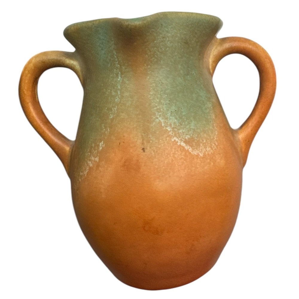 Rare Antique Muncie Pumpkin Green Pottery Vase Signed Marked